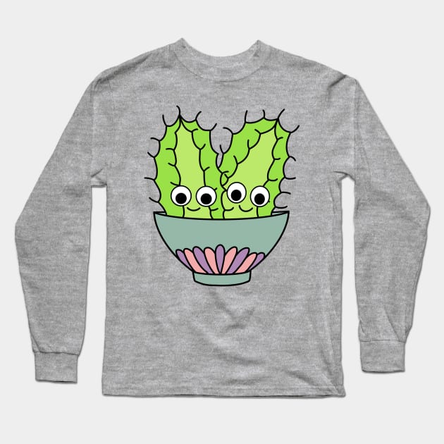 Cute Cactus Design #245: Prickly Pear Cacti In Dainty Bowl Long Sleeve T-Shirt by DreamCactus